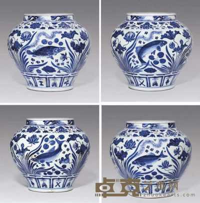 YUAN DYNASTY（AD 1279-1368） A MAGNIFICENT AND RARE YUAN BLUE AND WHITE’FISH’ JAR 